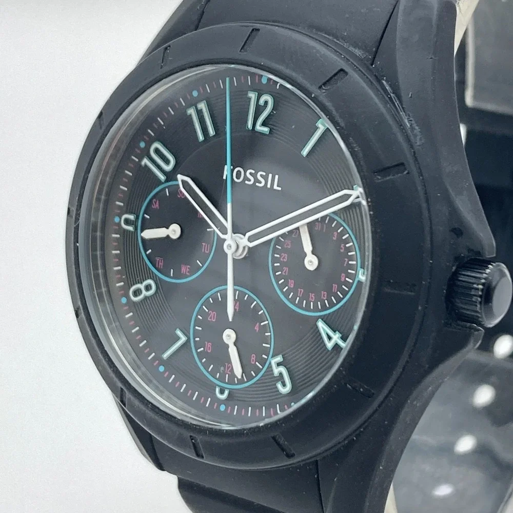 Fossil Poptastic Women's Watch 38mm Black Blue Day Date New Battery 8.25